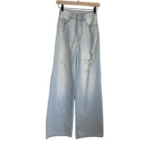 H&M Wide Leg Women’s Pale Denim Blue Distressed 100% Cotton Jeans Size 0